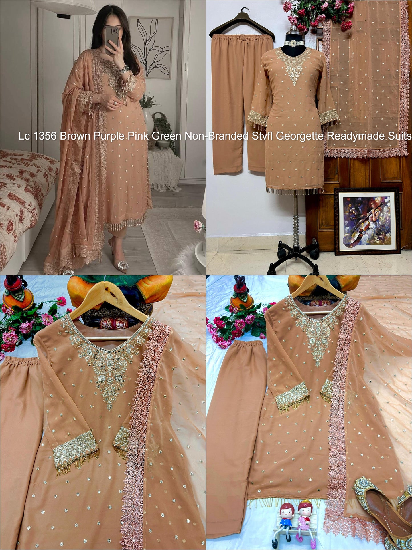 Lc 1356 Brown Purple Pink Green Non-Branded Stvfl Georgette Readymade Suits