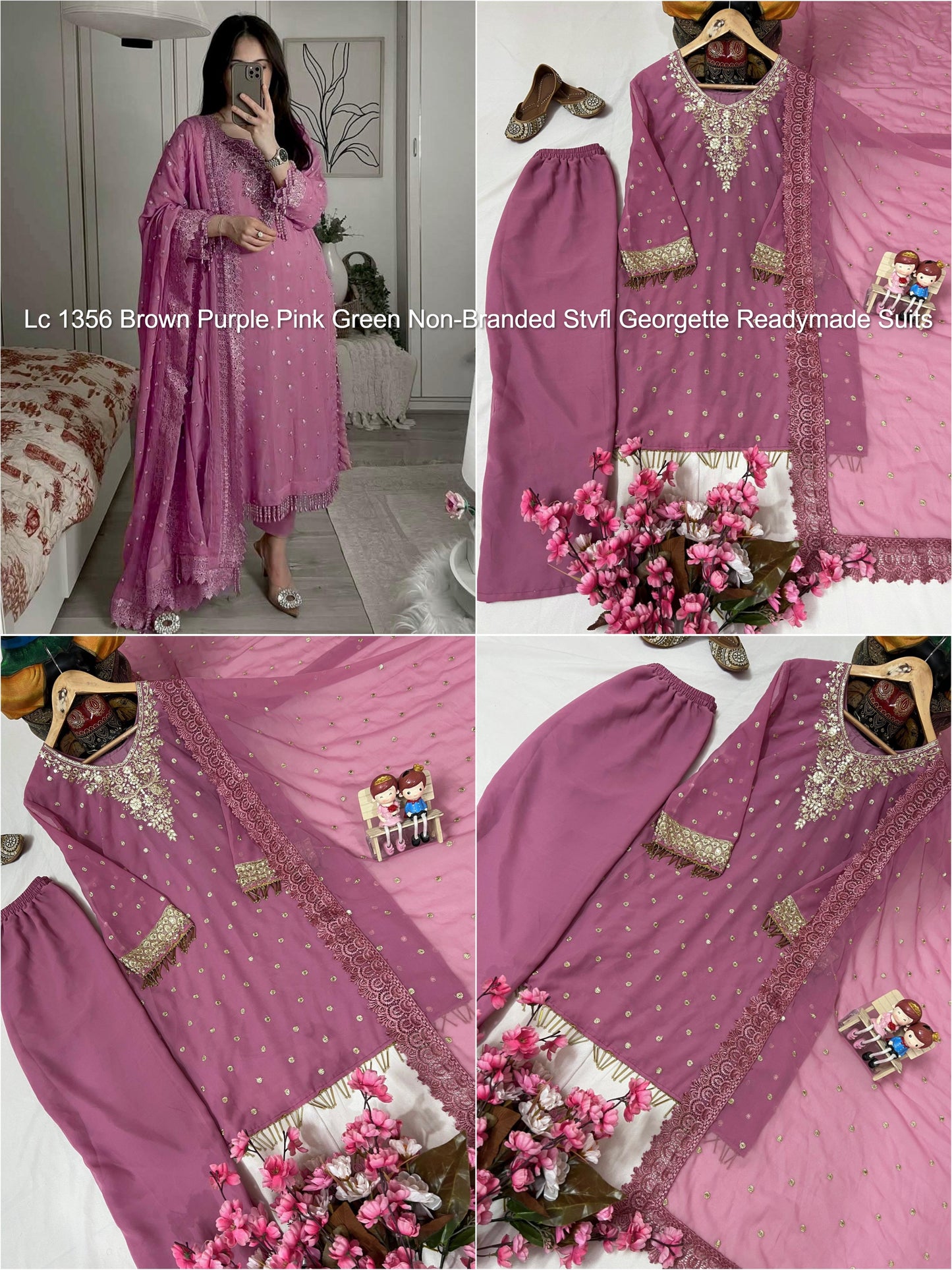 Lc 1356 Brown Purple Pink Green Non-Branded Stvfl Georgette Readymade Suits