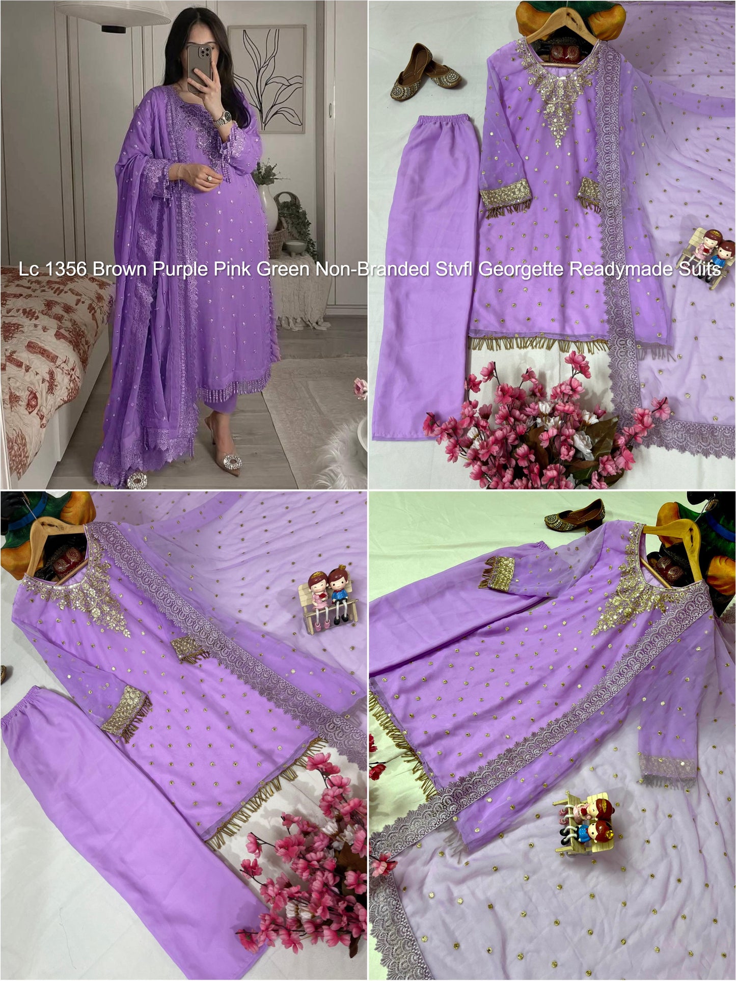 Lc 1356 Brown Purple Pink Green Non-Branded Stvfl Georgette Readymade Suits