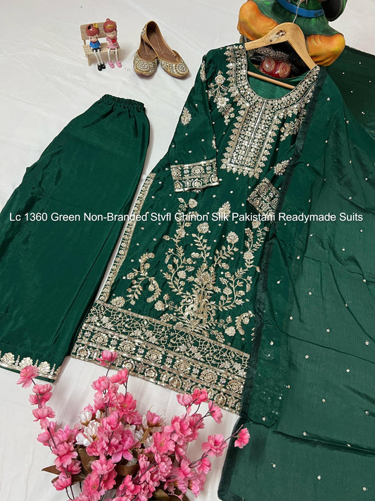 Lc 1360 Green Non-Branded Stvfl Chinon Silk Pakistani Readymade Suits