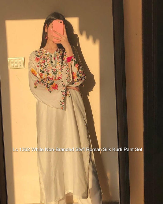 Lc 1362 White Non-Branded Stvfl Roman Silk Kurti Pant Set