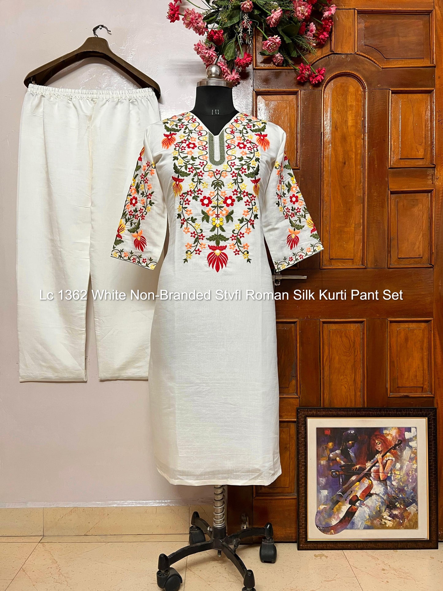 Lc 1362 White Non-Branded Stvfl Roman Silk Kurti Pant Set