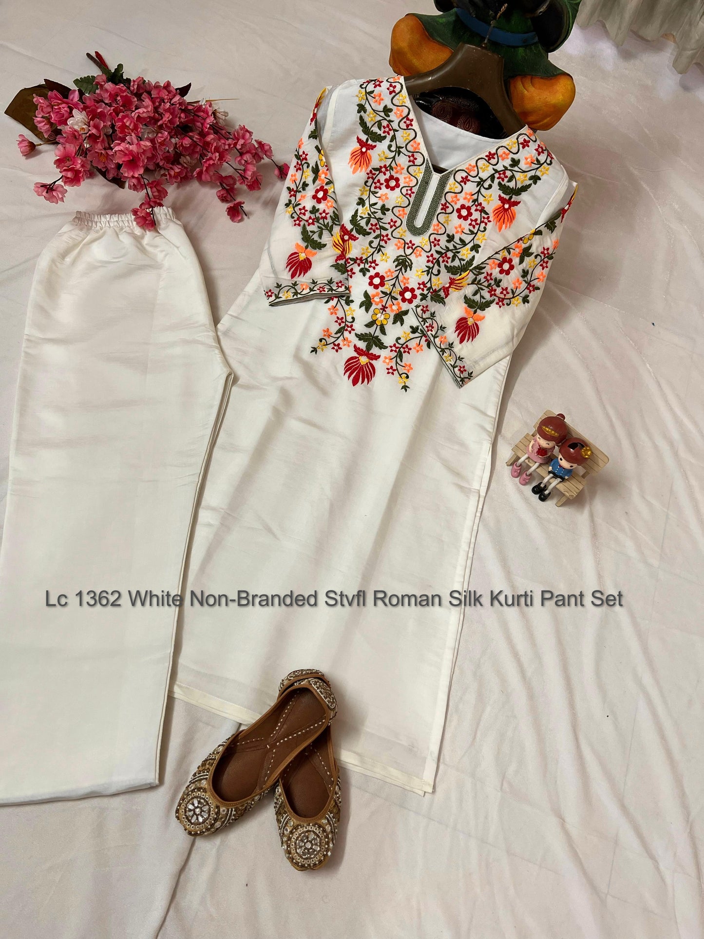 Lc 1362 White Non-Branded Stvfl Roman Silk Kurti Pant Set