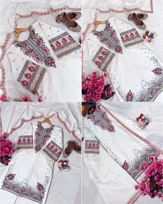Lc 1373 White Non-Branded Stvfl Roman Silk Readymade Suits