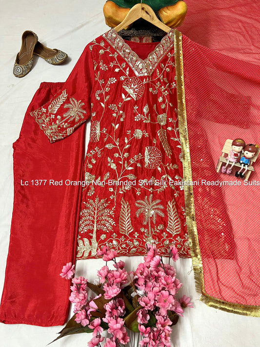 Lc 1377 Red Orange Non-Branded Stvfl Silk Pakistani Readymade Suits