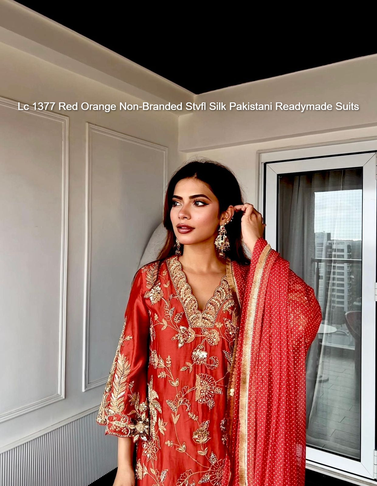 Lc 1377 Red Orange Non-Branded Stvfl Silk Pakistani Readymade Suits