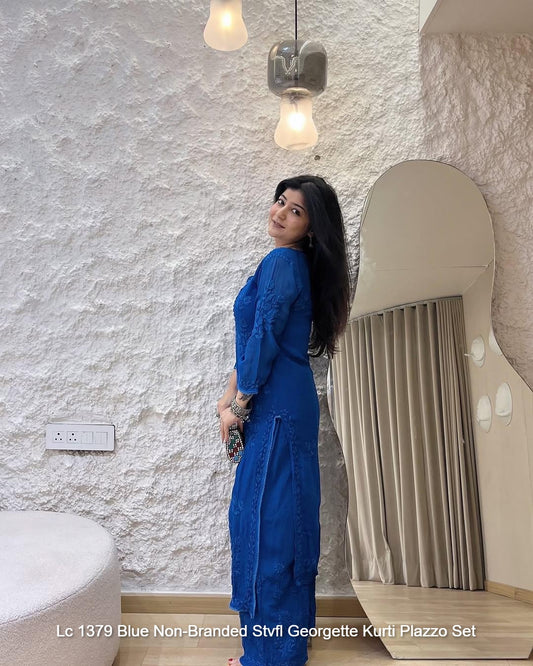Lc 1379 Blue Non-Branded Stvfl Georgette Kurti Plazzo Set