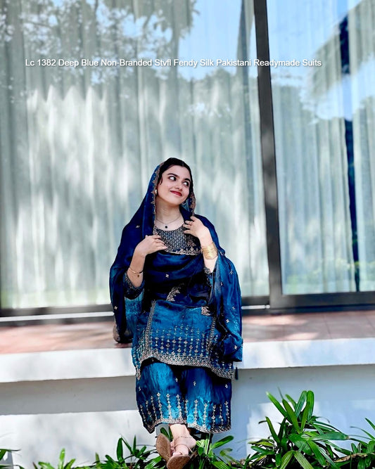 Lc 1382 Deep Blue Non-Branded Stvfl Fendy Silk Pakistani Readymade Suits