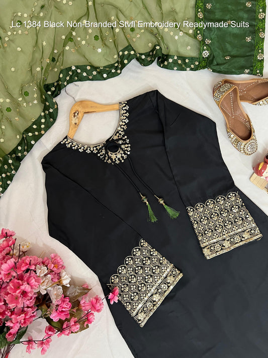 Lc 1384 Black Non-Branded Stvfl Embroidery Readymade Suits