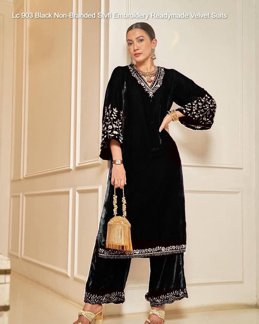 Lc 903 Black Non-Branded Stvfl Embroidery Readymade Velvet Suits
