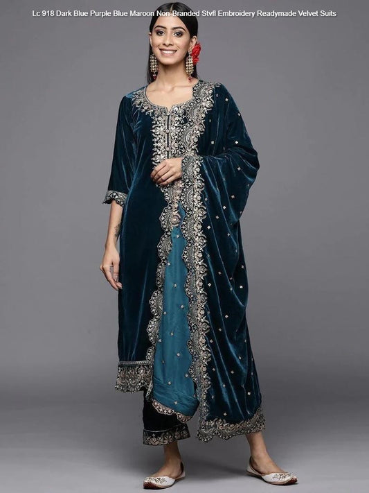 Lc 918 Dark Blue Purple Blue Maroon Non-Branded Stvfl Embroidery Readymade Velvet Suits