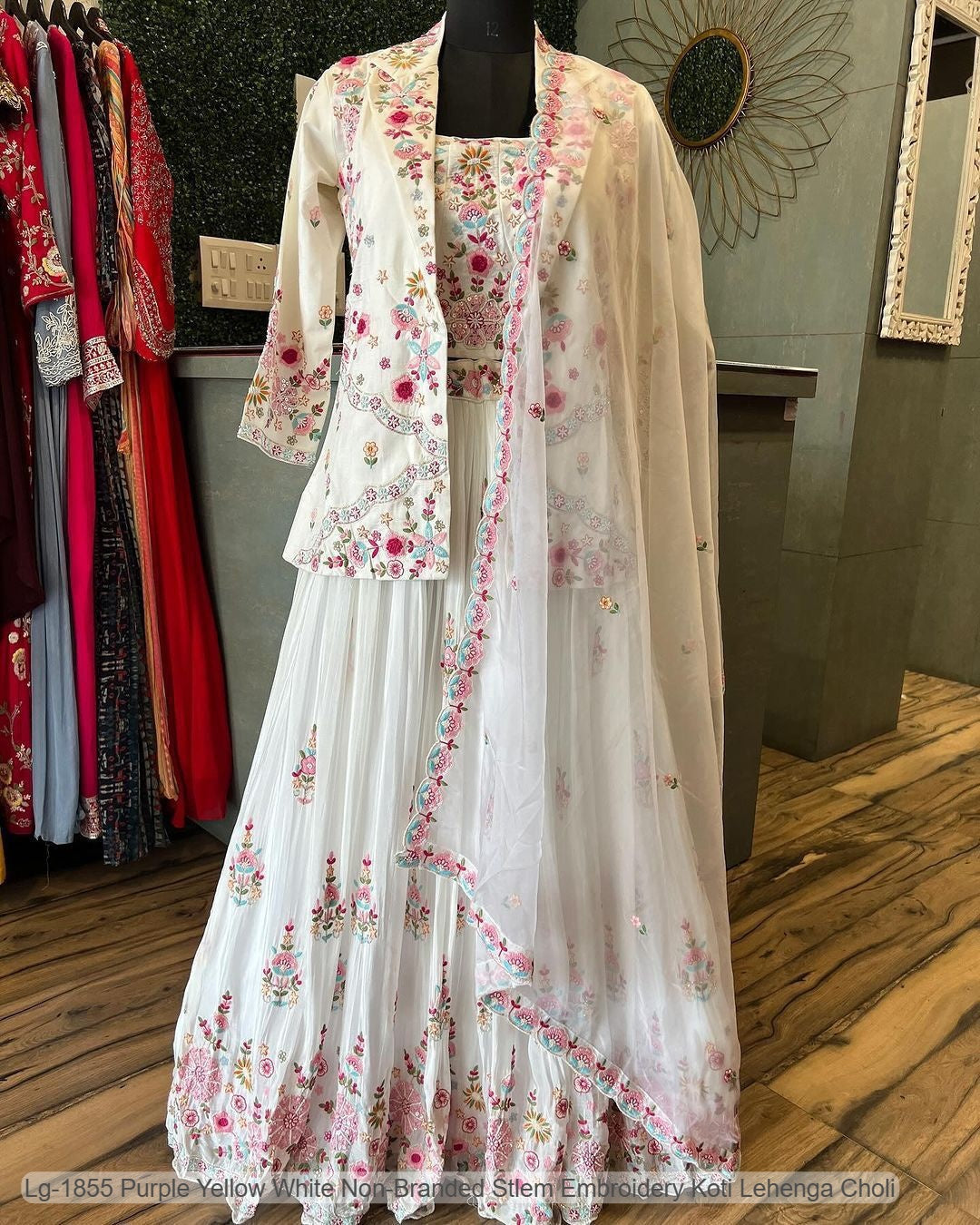 Lg-1855 Purple Yellow White Non-Branded Stlem Embroidery Koti Lehenga Choli