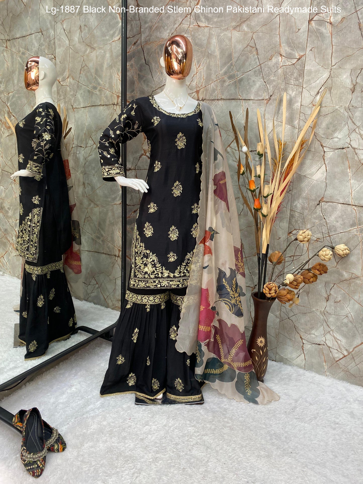Lg-1887 Black Non-Branded Stlem Chinon Pakistani Readymade Suits