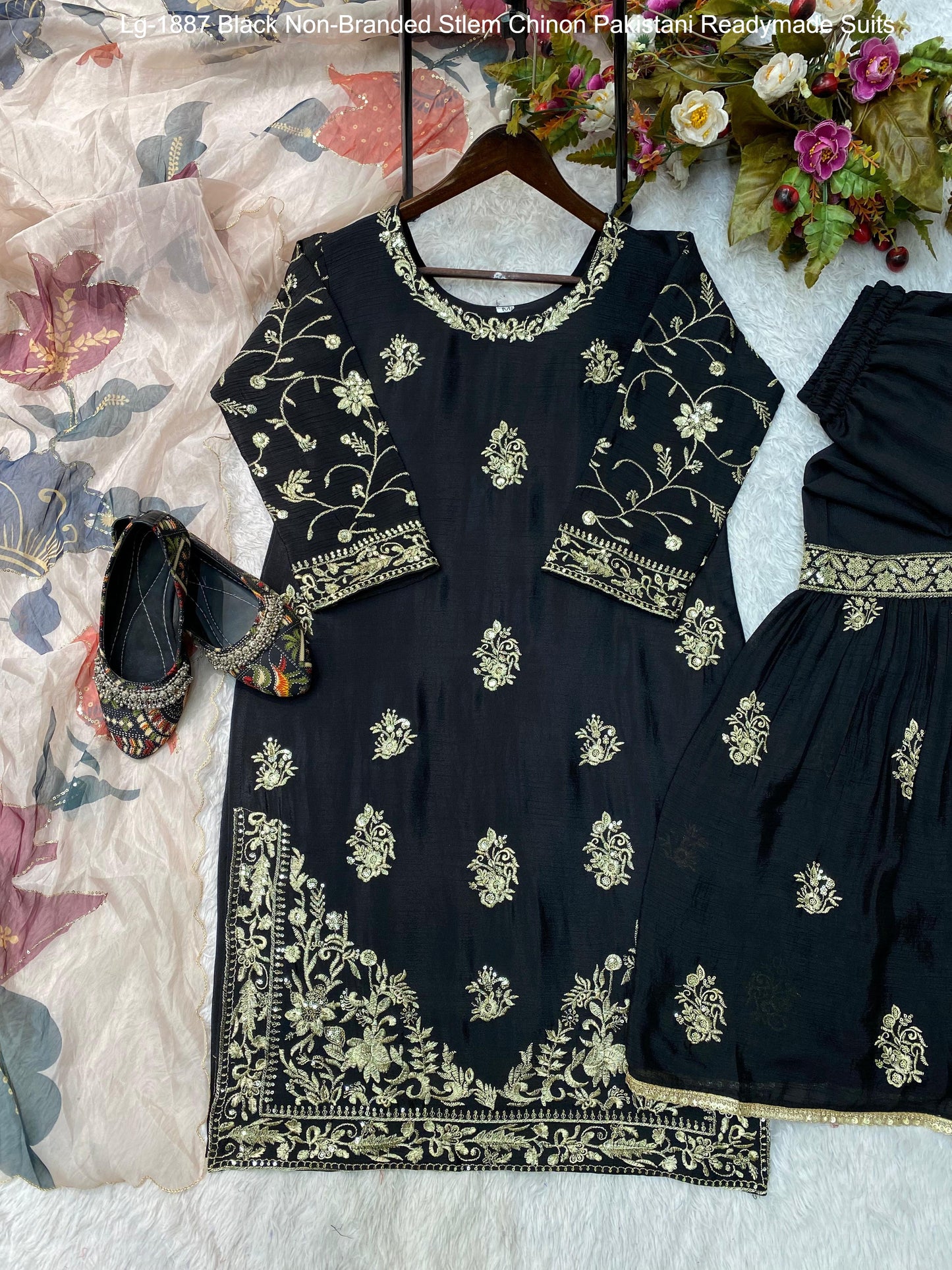 Lg-1887 Black Non-Branded Stlem Chinon Pakistani Readymade Suits