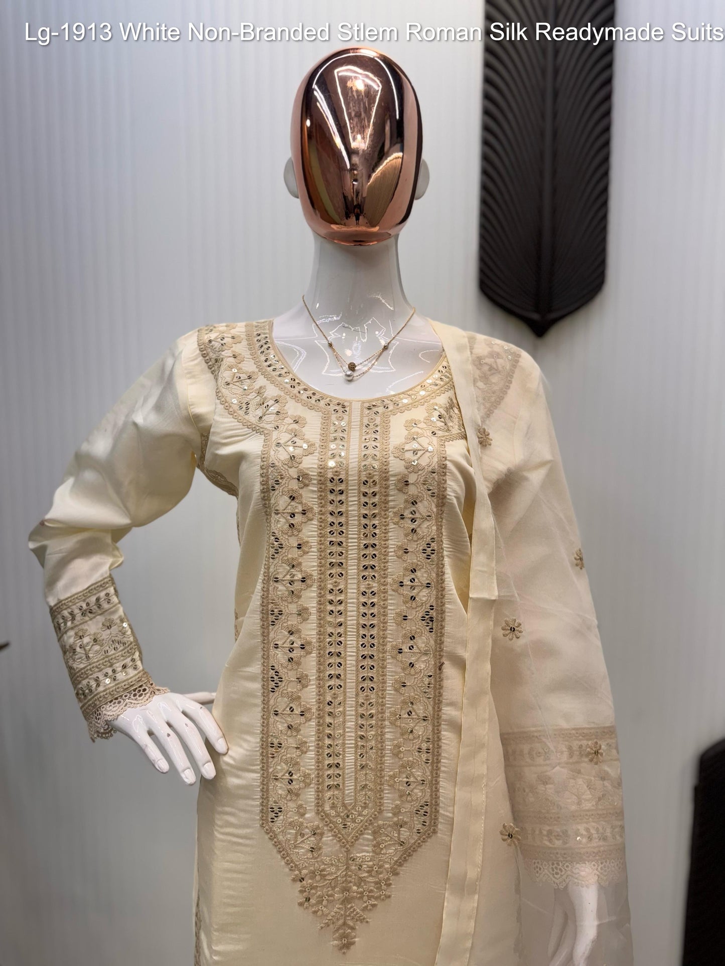 Lg-1913 White Non-Branded Stlem Roman Silk Readymade Suits