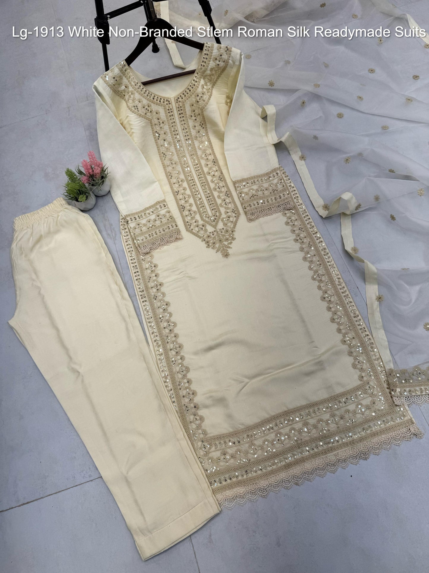 Lg-1913 White Non-Branded Stlem Roman Silk Readymade Suits