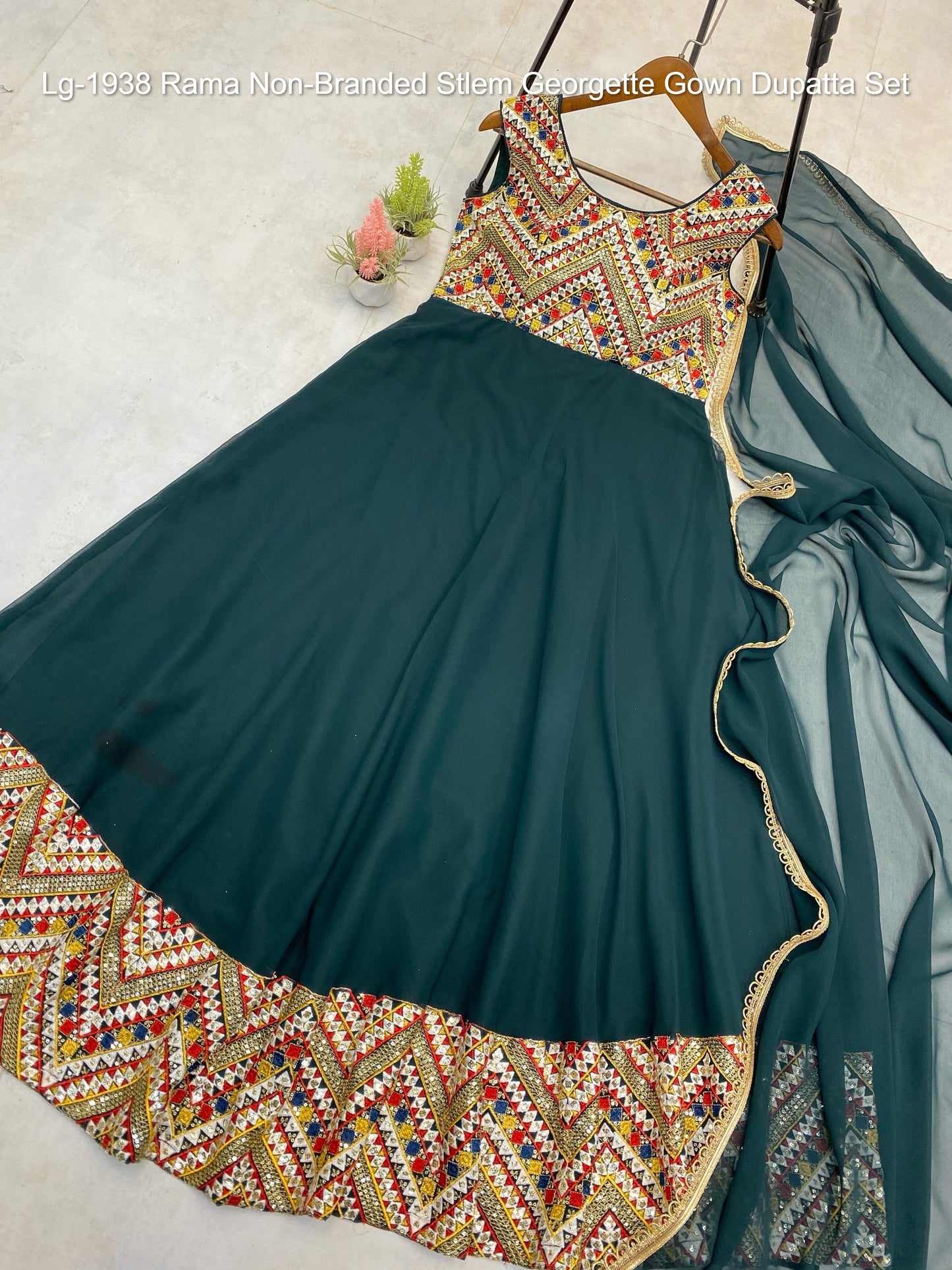 Lg-1938 Rama Non-Branded Stlem Georgette Gown Dupatta Set