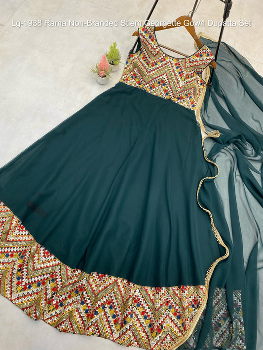 Lg-1938 Rama Non-Branded Stlem Georgette Gown Dupatta Set