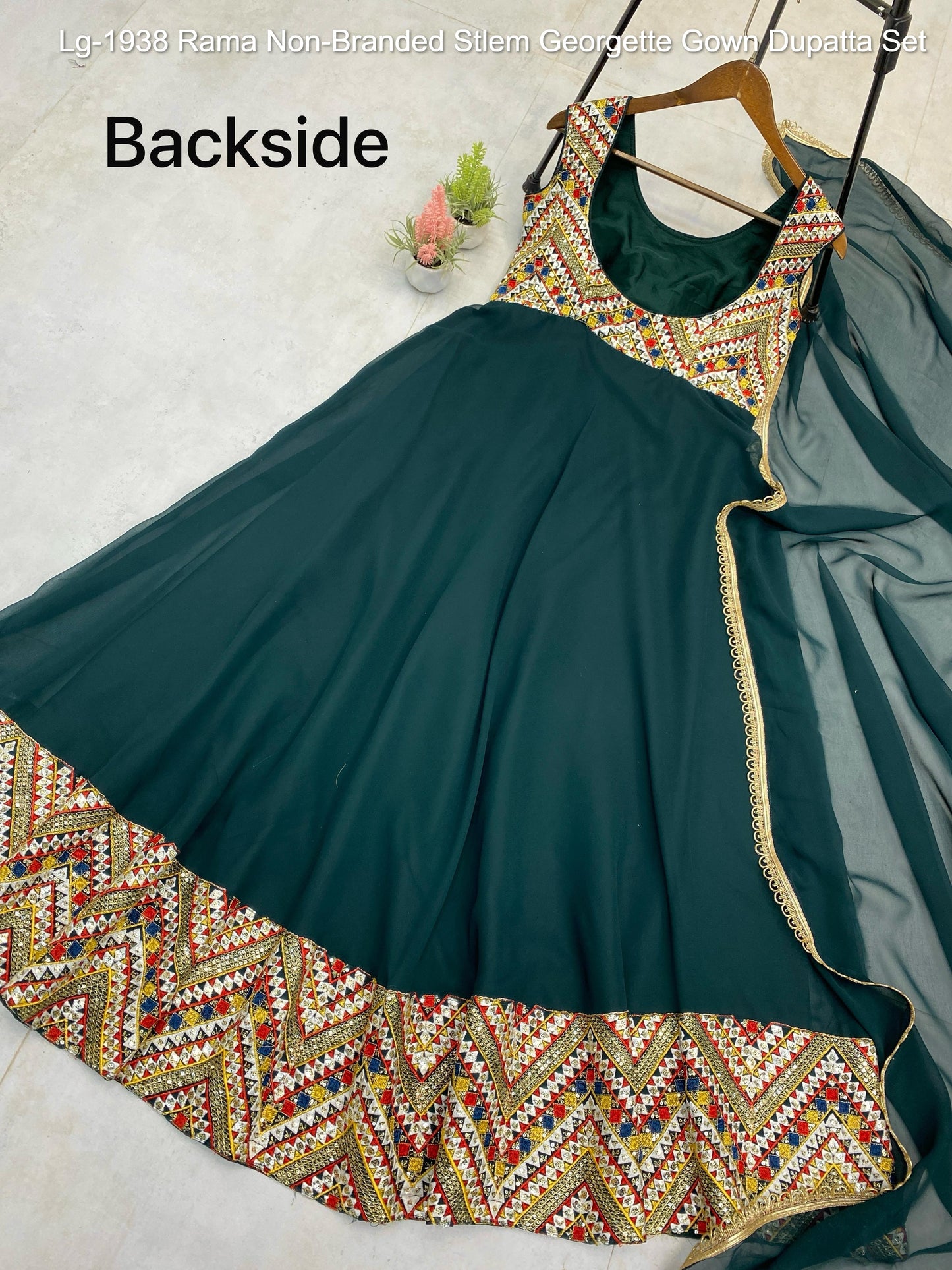 Lg-1938 Rama Non-Branded Stlem Georgette Gown Dupatta Set