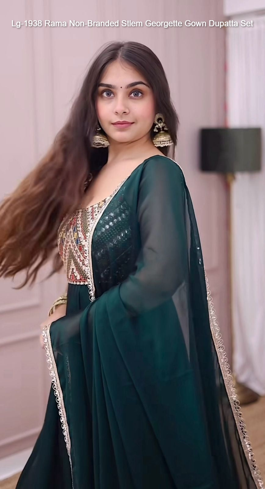 Lg-1938 Rama Non-Branded Stlem Georgette Gown Dupatta Set