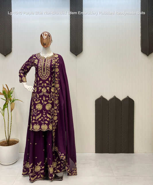 Lg-1940 Purple Blue Non-Branded Stlem Embroidery Pakistani Readymade Suits