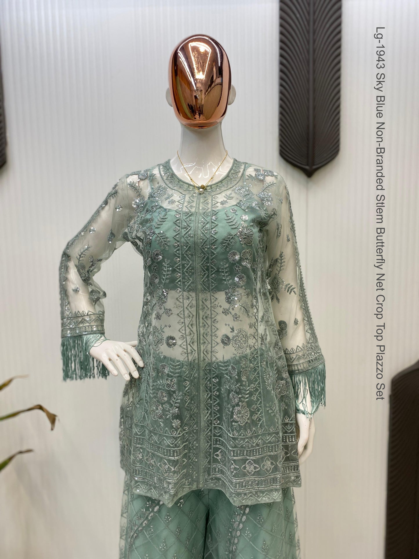 Lg-1943 Sky Blue Non-Branded Stlem Butterfly Net Crop Top Plazzo Set