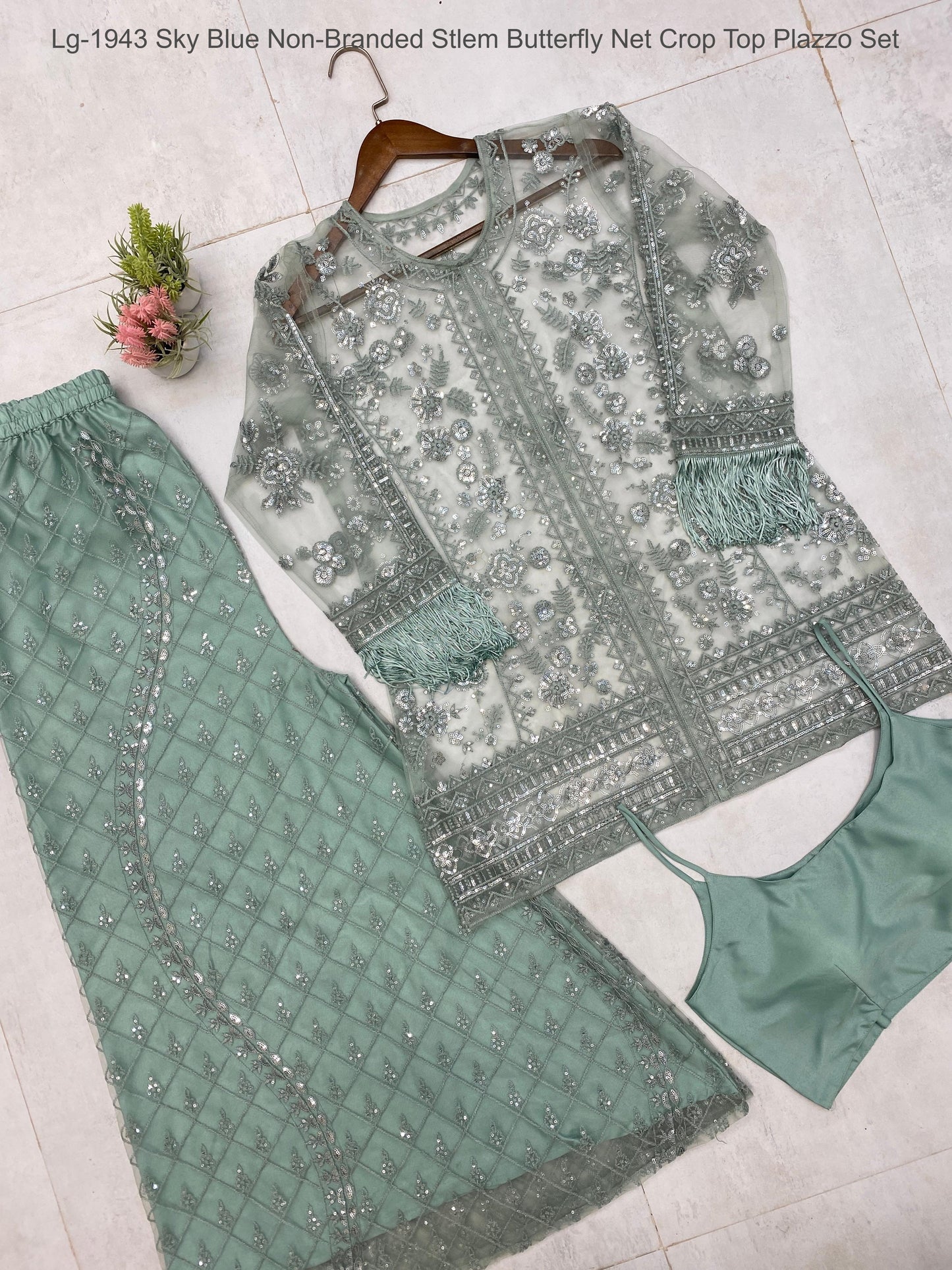 Lg-1943 Sky Blue Non-Branded Stlem Butterfly Net Crop Top Plazzo Set