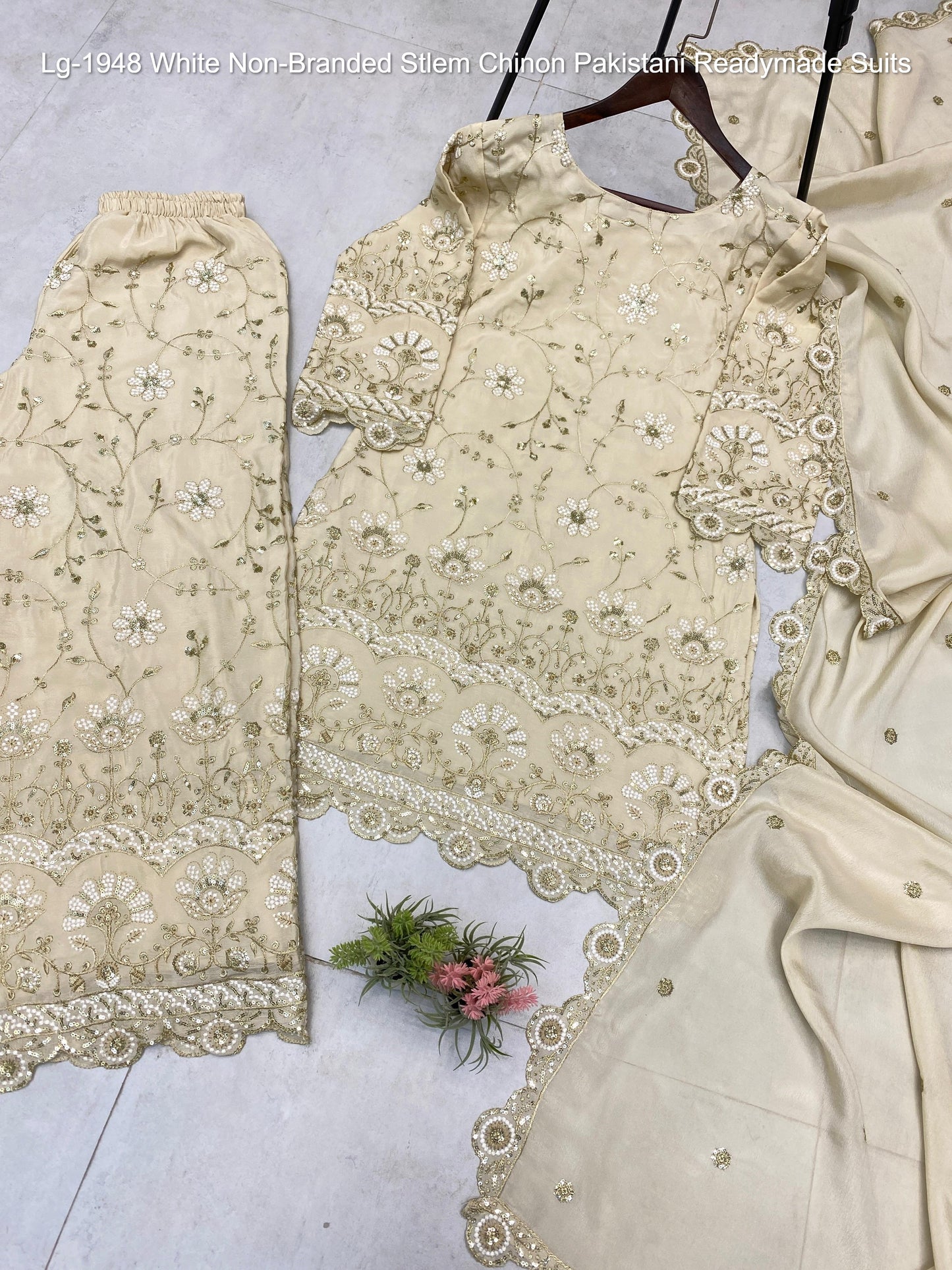 Lg-1948 White Non-Branded Stlem Chinon Pakistani Readymade Suits