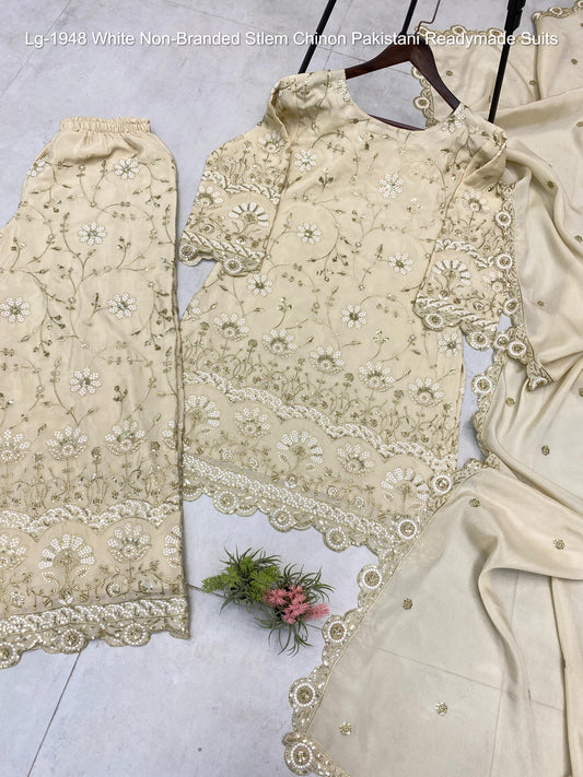 Lg-1948 White Non-Branded Stlem Chinon Pakistani Readymade Suits