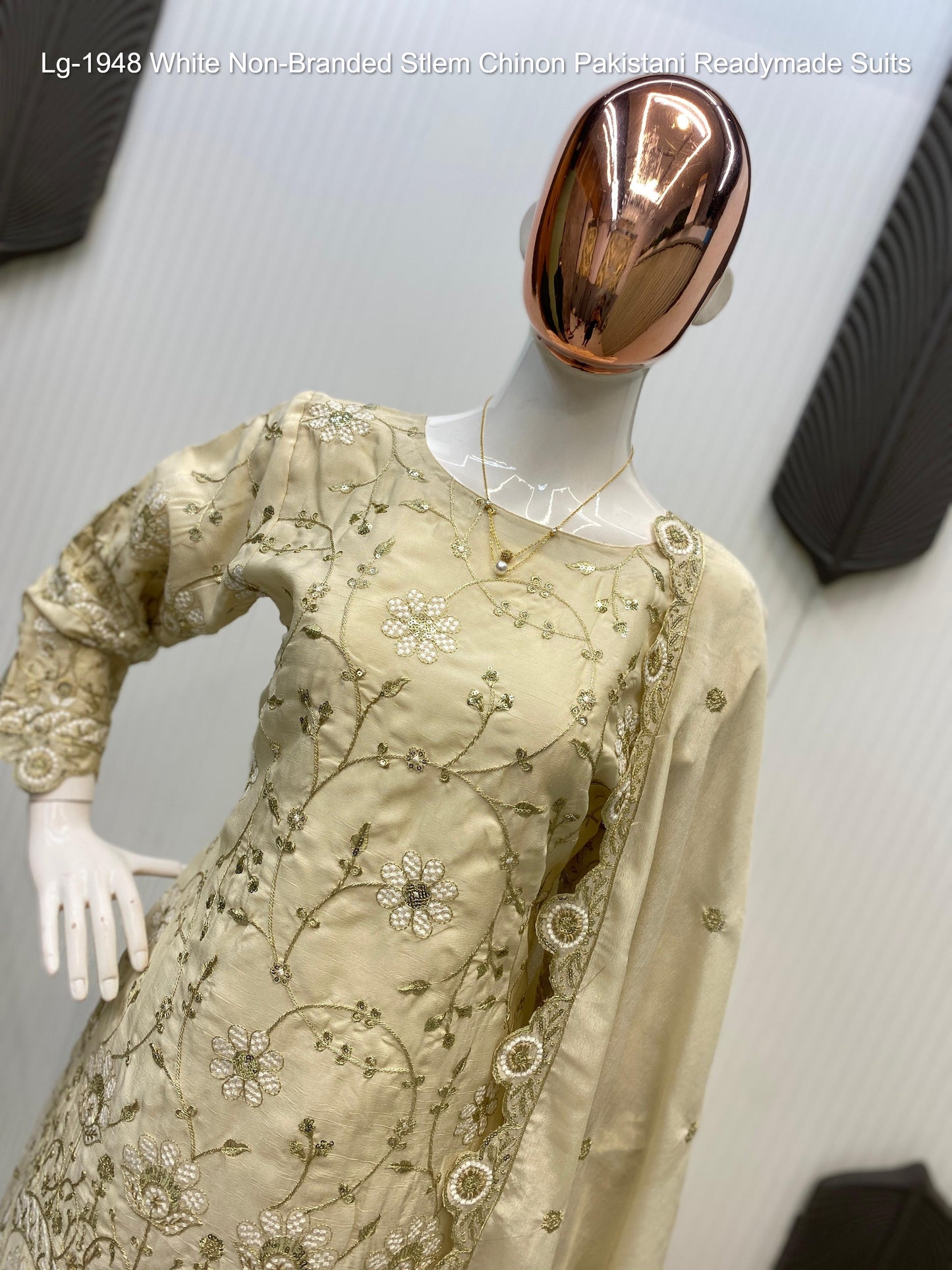 Lg-1948 White Non-Branded Stlem Chinon Pakistani Readymade Suits