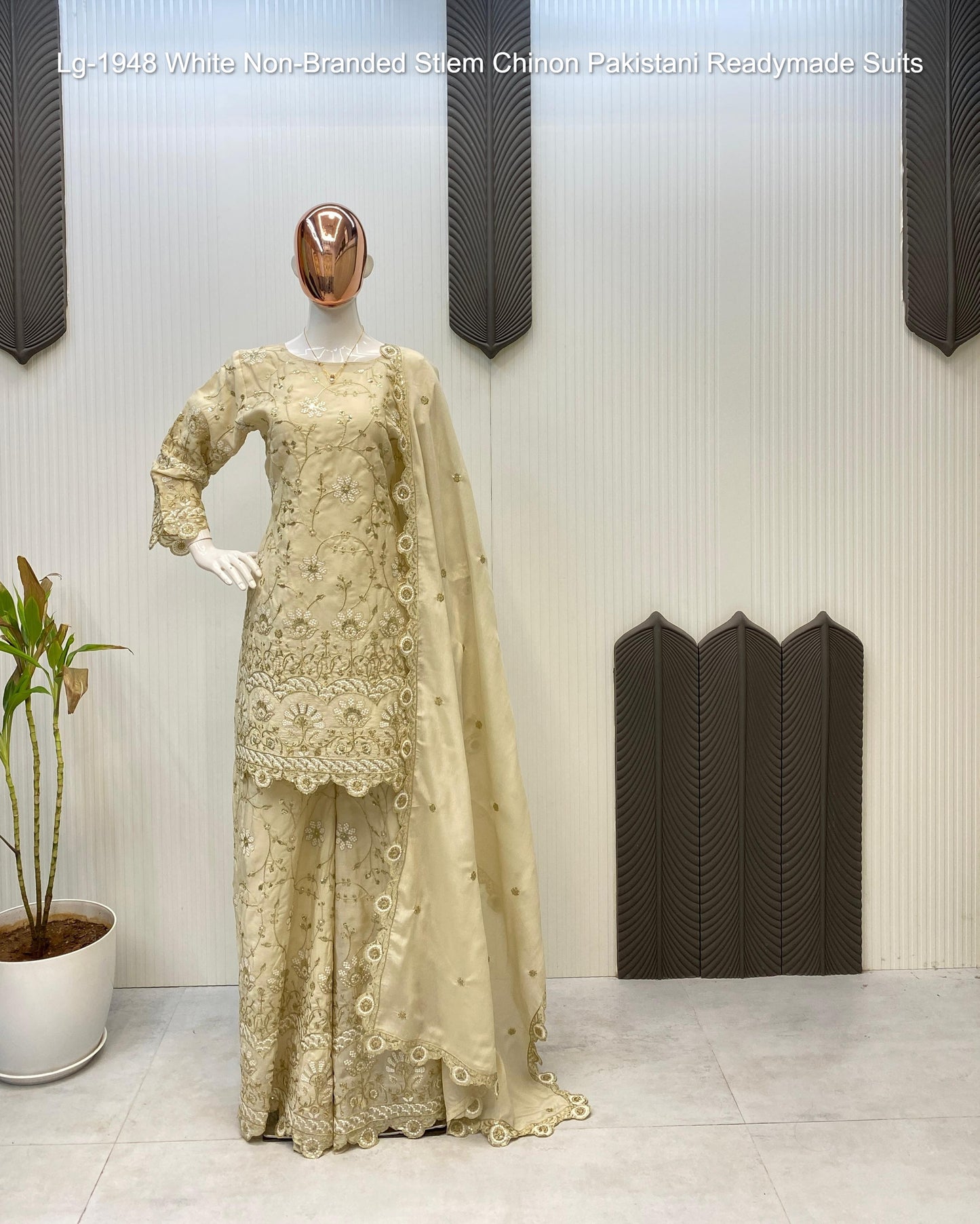 Lg-1948 White Non-Branded Stlem Chinon Pakistani Readymade Suits