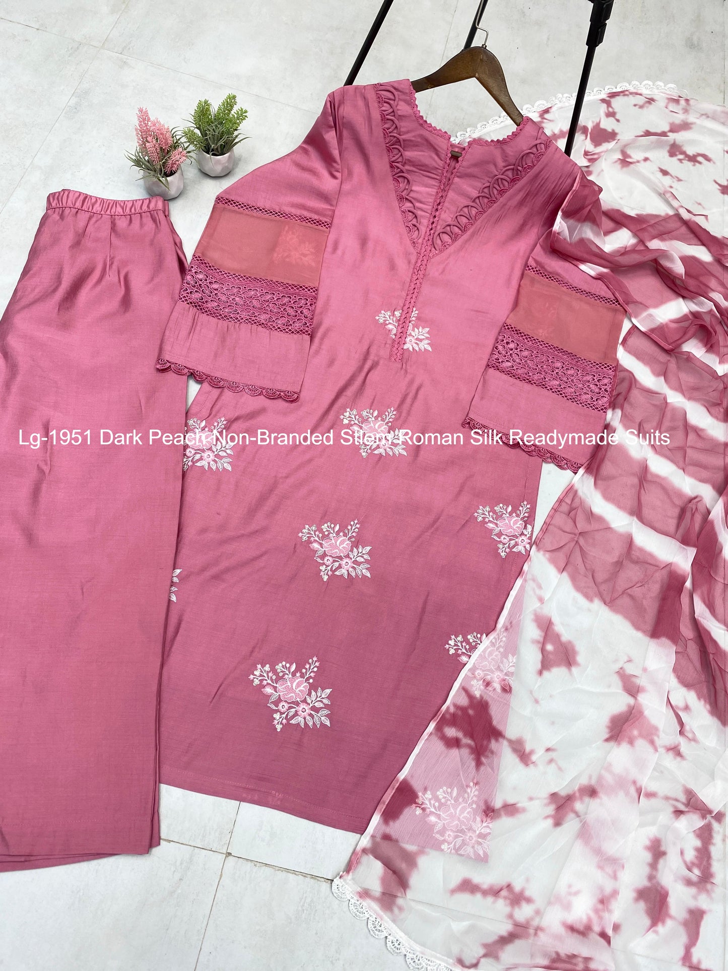 Lg-1951 Dark Peach Non-Branded Stlem Roman Silk Readymade Suits