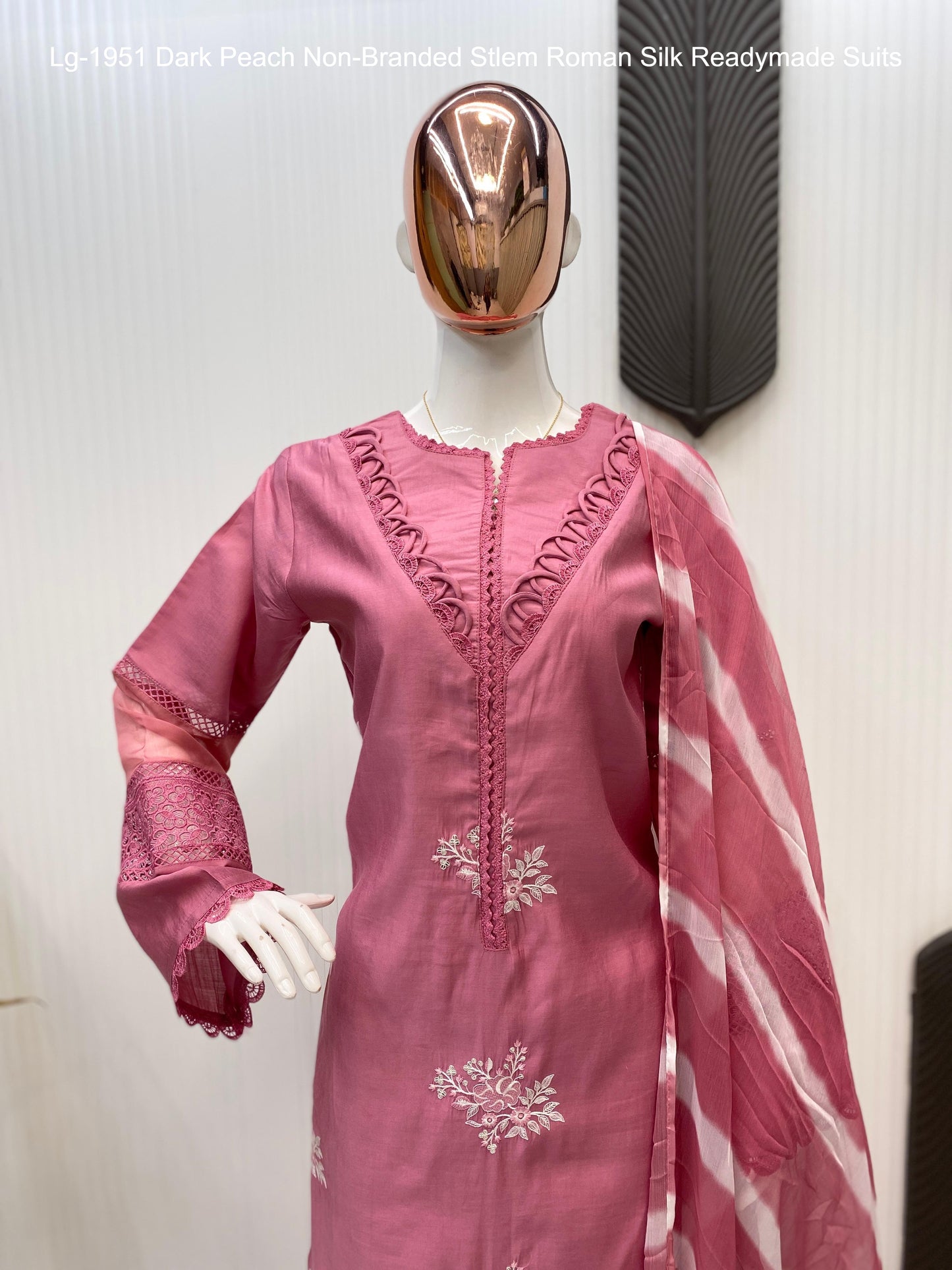 Lg-1951 Dark Peach Non-Branded Stlem Roman Silk Readymade Suits