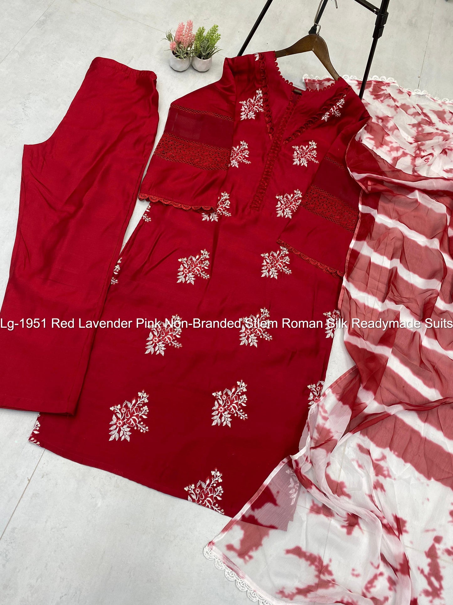 Lg-1951 Red Lavender Pink Non-Branded Stlem Roman Silk Readymade Suits