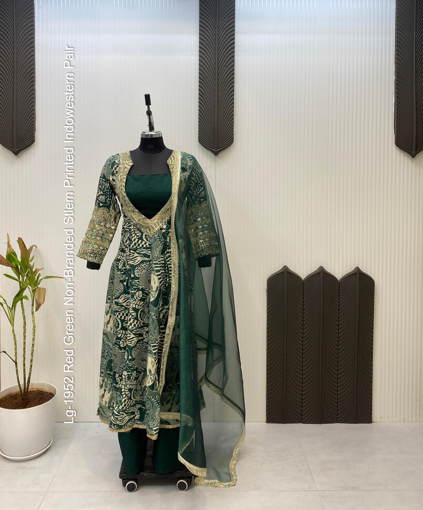 Lg-1952 Red Green Non-Branded Stlem Printed Indowestern Pair