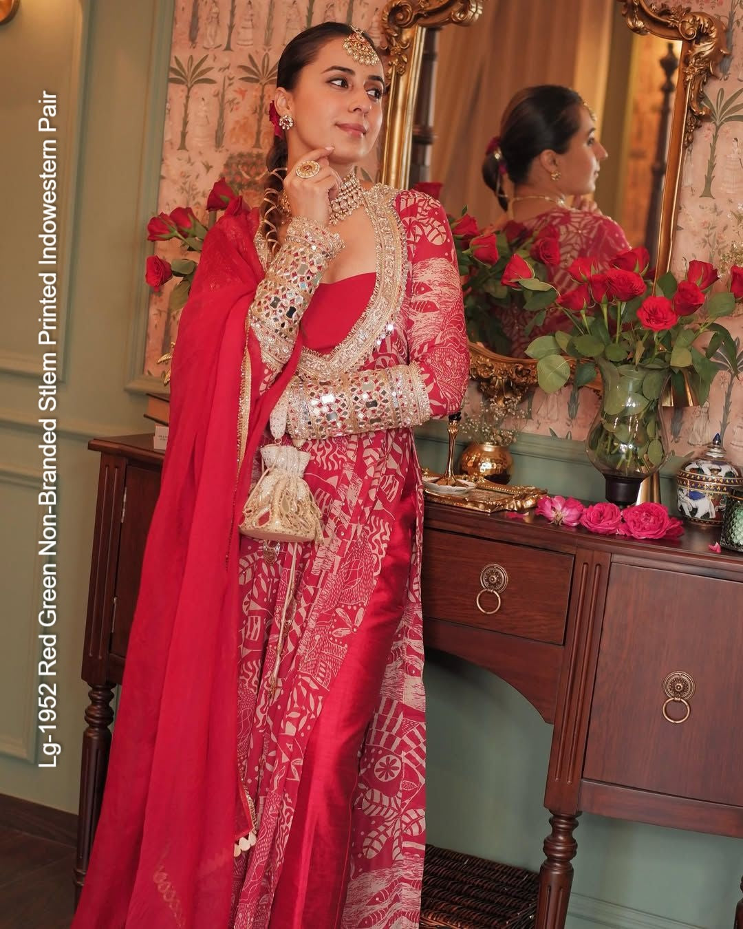 Lg-1952 Red Green Non-Branded Stlem Printed Indowestern Pair