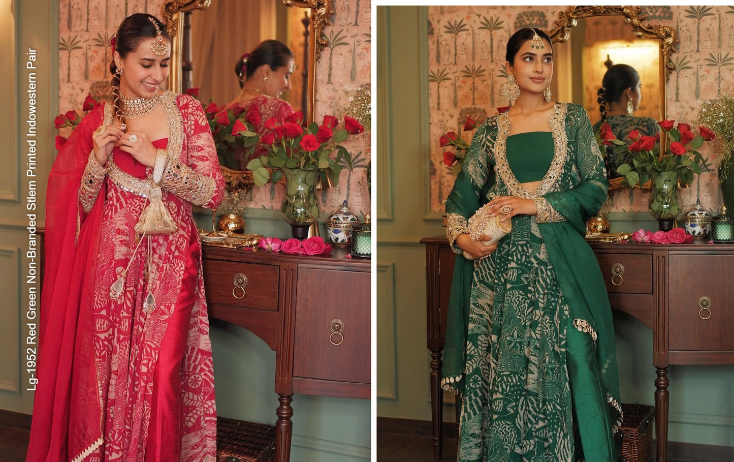 Lg-1952 Red Green Non-Branded Stlem Printed Indowestern Pair