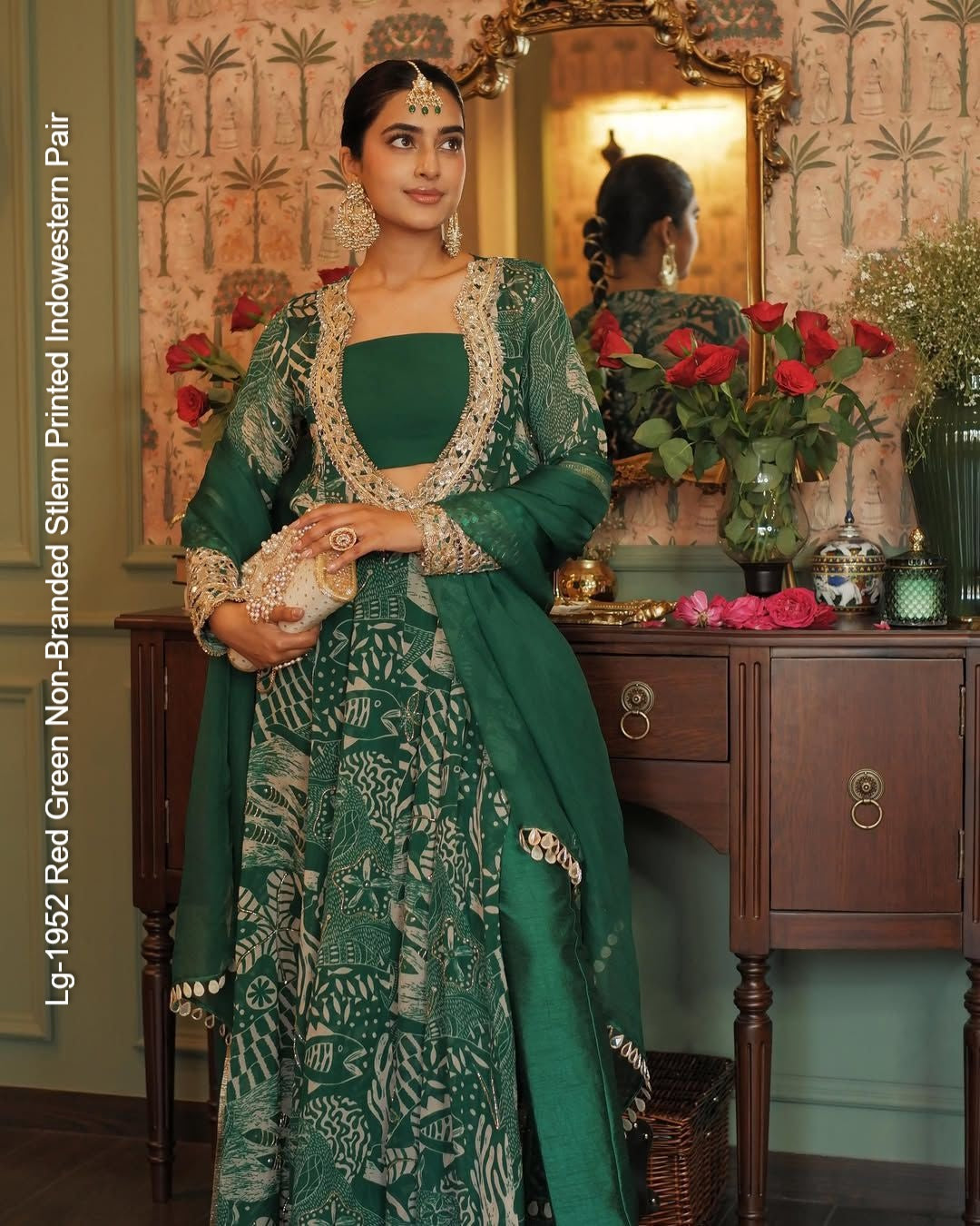 Lg-1952 Red Green Non-Branded Stlem Printed Indowestern Pair