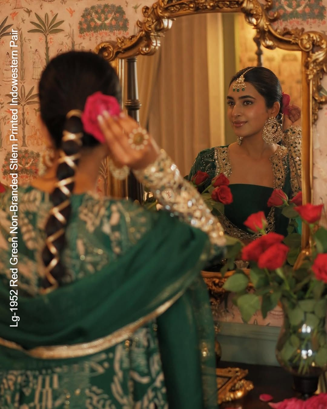 Lg-1952 Red Green Non-Branded Stlem Printed Indowestern Pair