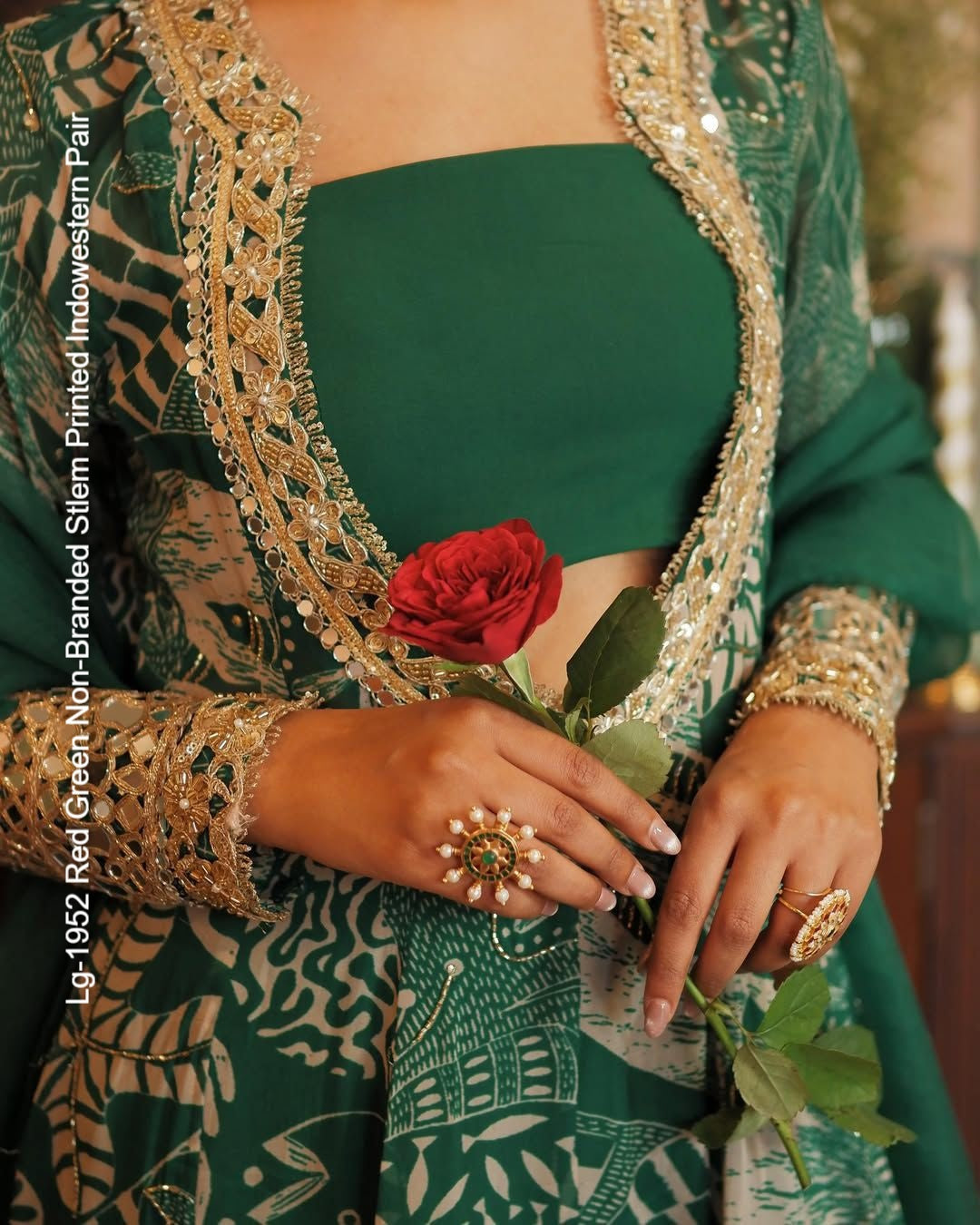 Lg-1952 Red Green Non-Branded Stlem Printed Indowestern Pair