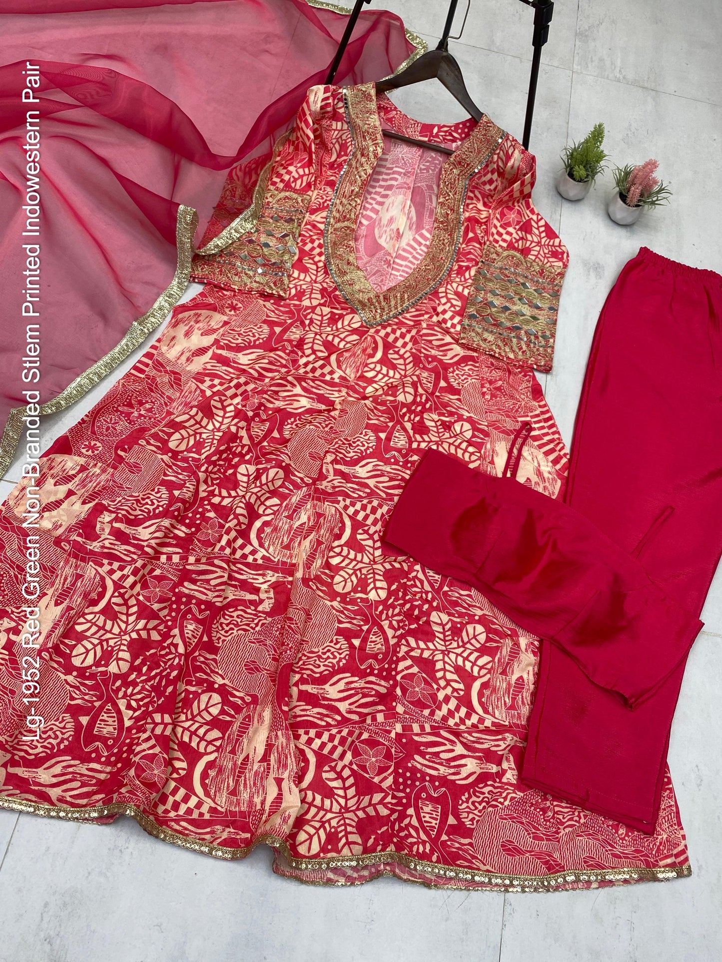 Lg-1952 Red Green Non-Branded Stlem Printed Indowestern Pair