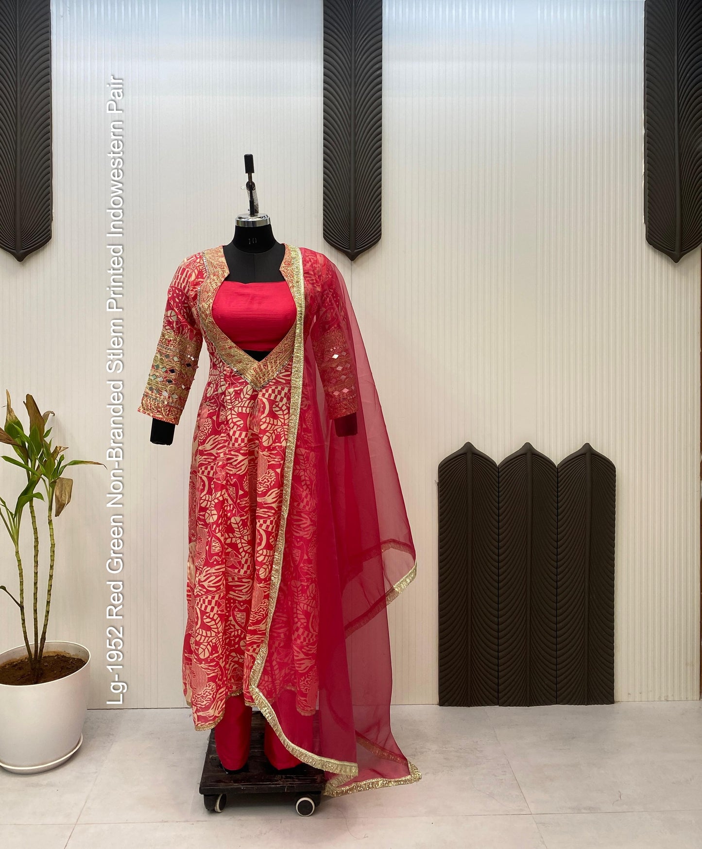 Lg-1952 Red Green Non-Branded Stlem Printed Indowestern Pair