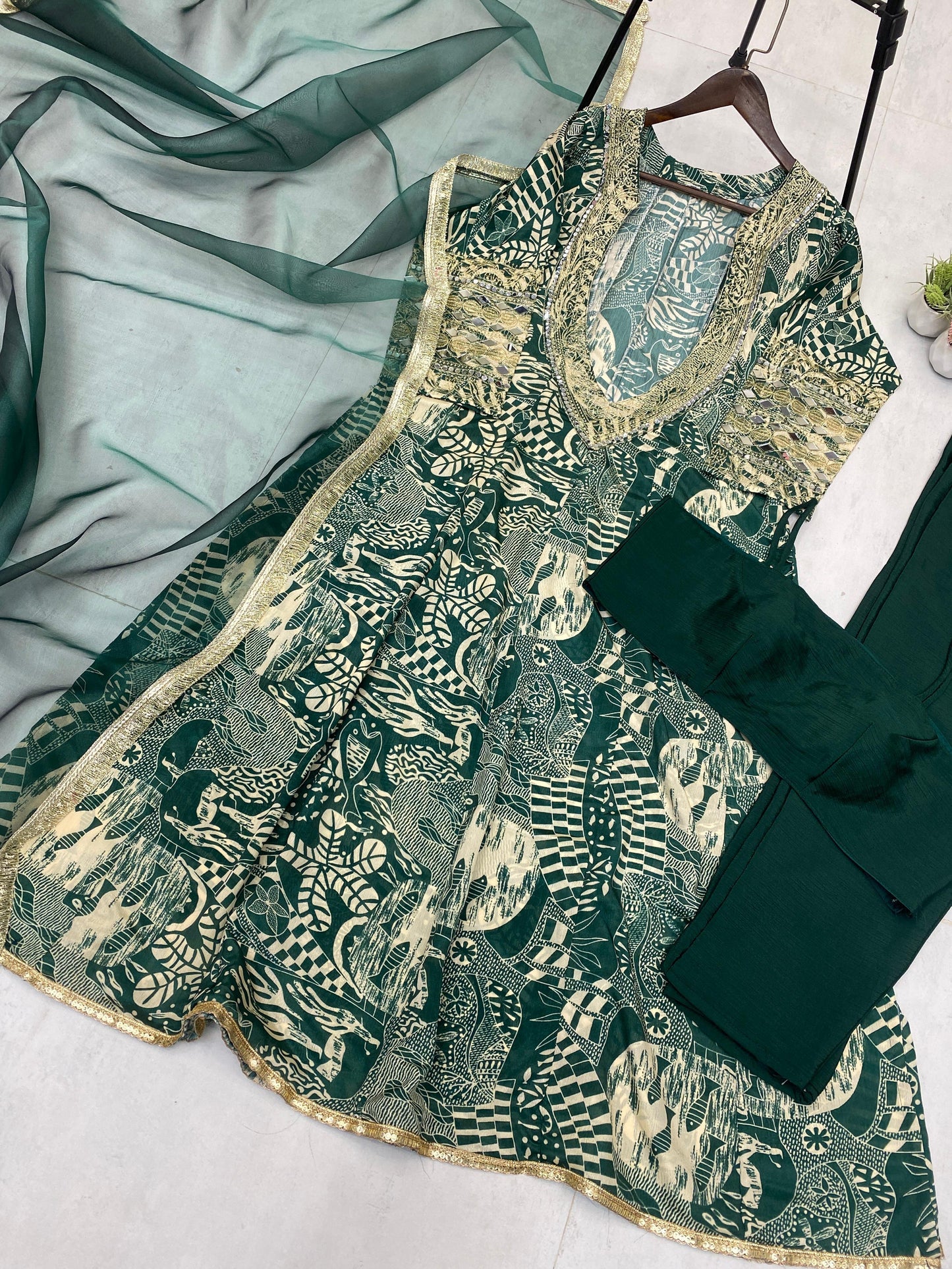 Lg-1952 Red Green Non-Branded Stlem Printed Indowestern Pair