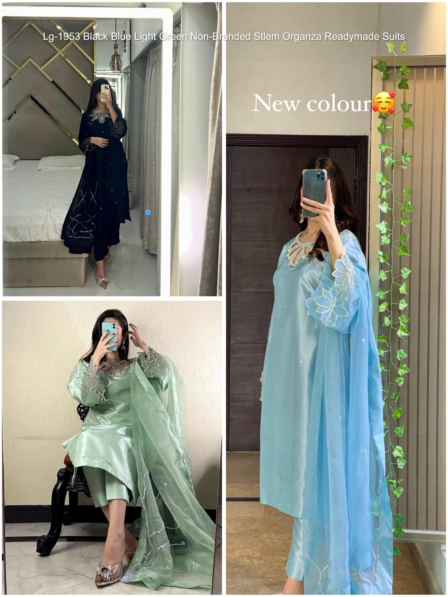 Lg-1953 Black Blue Light Green Non-Branded Stlem Organza Readymade Suits