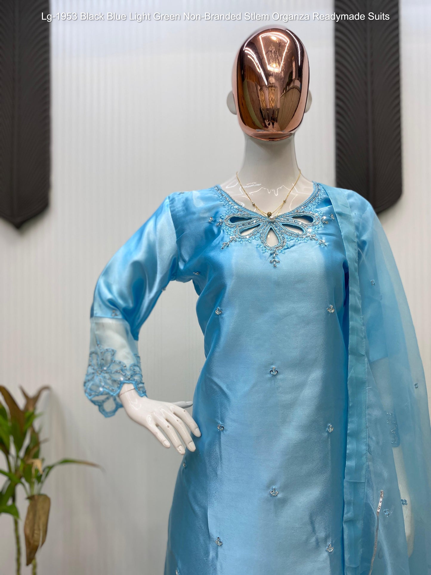 Lg-1953 Black Blue Light Green Non-Branded Stlem Organza Readymade Suits