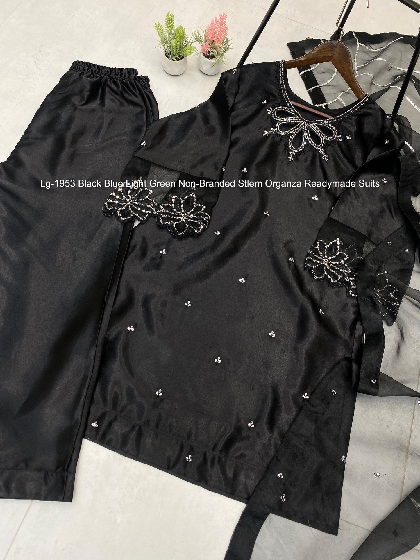 Lg-1953 Black Blue Light Green Non-Branded Stlem Organza Readymade Suits