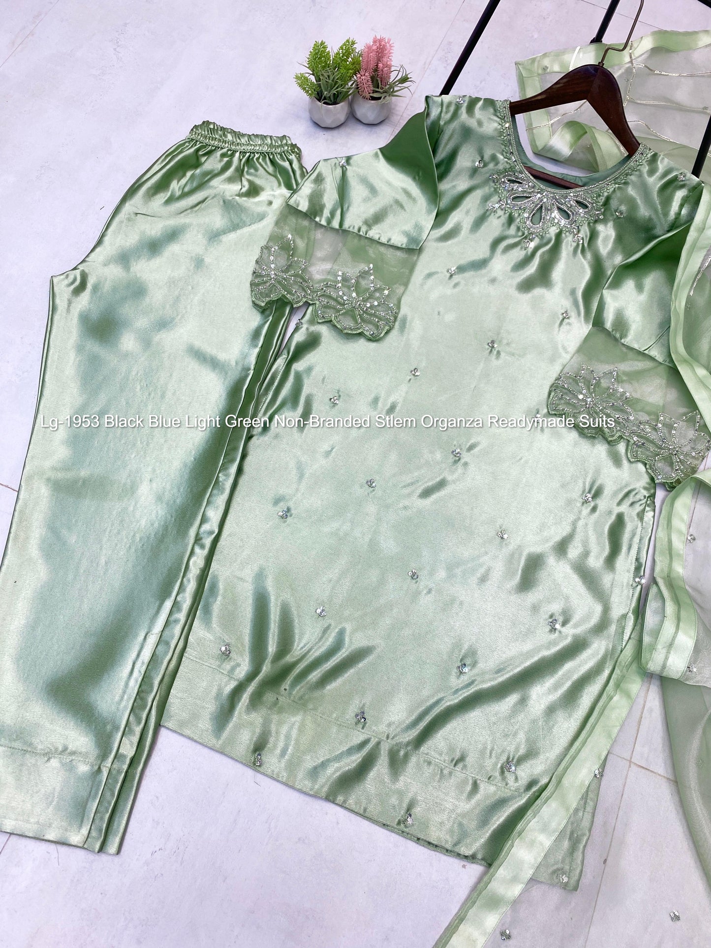 Lg-1953 Black Blue Light Green Non-Branded Stlem Organza Readymade Suits