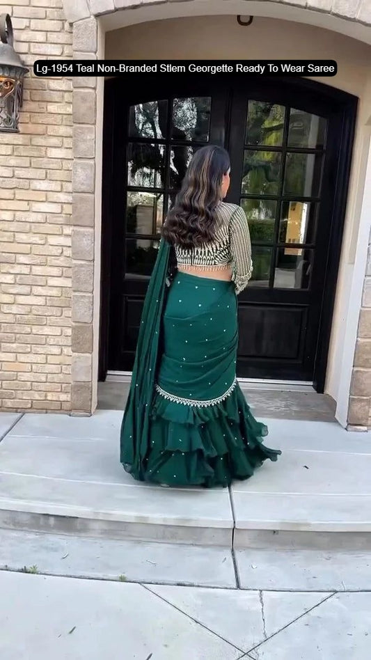 Lg-1954 Teal Non-Branded Stlem Georgette Ready To Wear Saree
