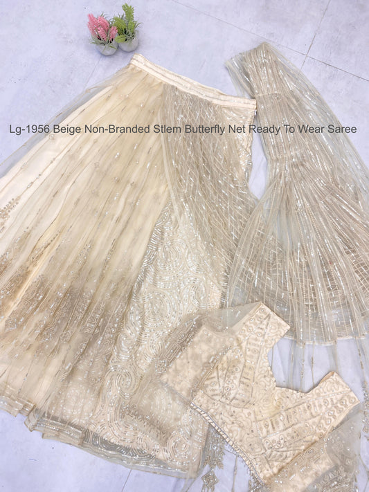 Lg-1956 Beige Non-Branded Stlem Butterfly Net Ready To Wear Saree