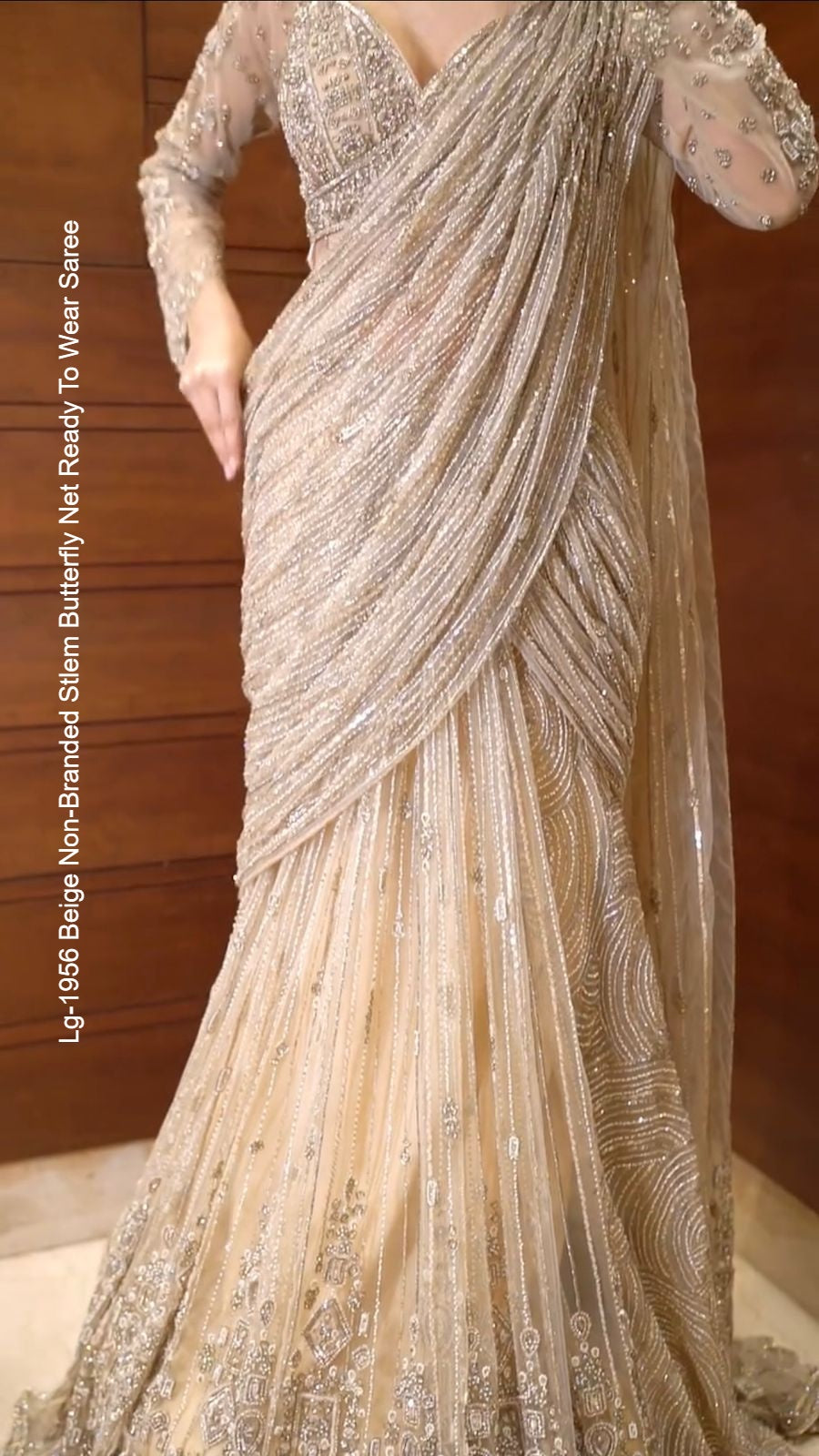 Lg-1956 Beige Non-Branded Stlem Butterfly Net Ready To Wear Saree